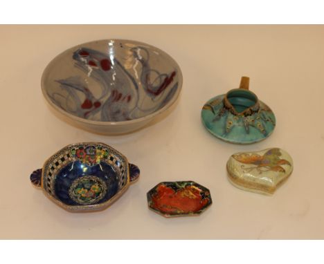 A Carlton ware Art Deco cream jug; a Maling ware two handled dish; a Wedgwood lustre ware heart shaped pin box; a Studio pott