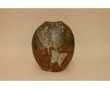 A large Bernard Rooke pottery vase of ovoid form, decorated butterflies and lily pads, 28cm high