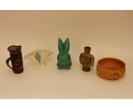 A Sylvac type green glazed rabbit; a Bernard Rooke stoneware vase; a Pheonixware floral decorated fruit bowl; Studio pottery 