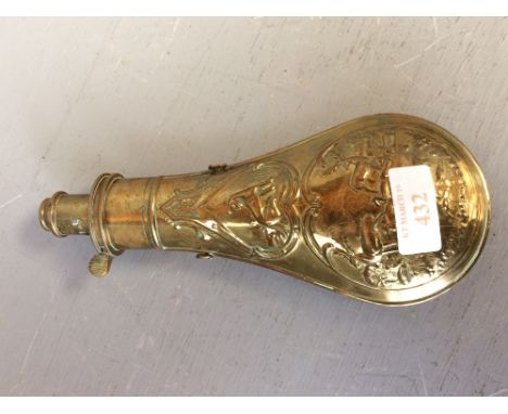 Brass Embossed powder flask stamped G &amp; JW Hawksley 