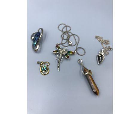 5 Silver pendants to include an enamel dragon fly, 2 abalone shells set pendants &amp; 2 others 