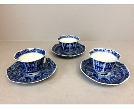 Three C19th blue &amp; white ceramic cups &amp; saucers Provenance of lots 1 to 26: Local Vendor – items have been stored in 