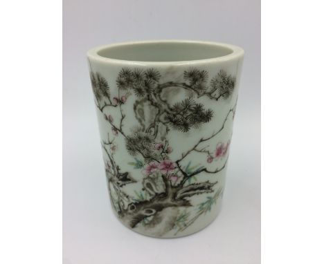 Chinese ceramic brush pot decorated with Prunus 