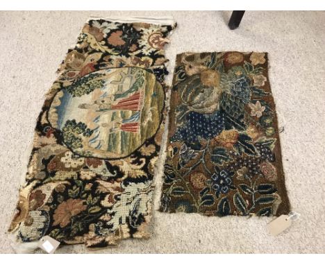 2 Tapestry panels , 1 depicting a lady, child &amp; dog, the other depicting fruit 