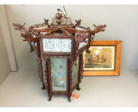 Modern Chinese wood with perspex &amp; glass panels ceiling lamp, with C19th print of a Chinese boat 