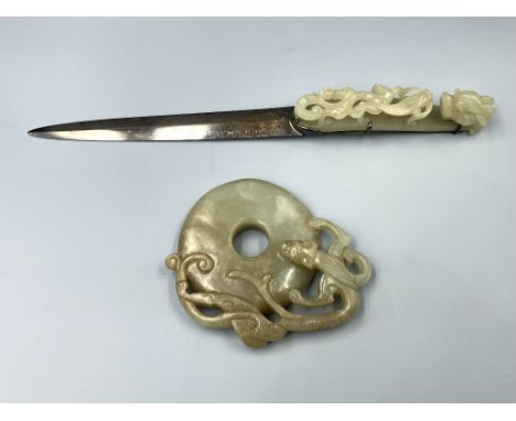 Chinese C19th letter opener surmounted with jade handle, the knife stamped with CF Miles &amp; Sterling H.K; and a C19th Chin