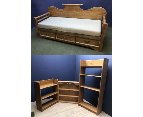 Large  bench with heavy carved scrolling back and arms above 3 drawers to base, slatted seat with upholstered neutral cushion