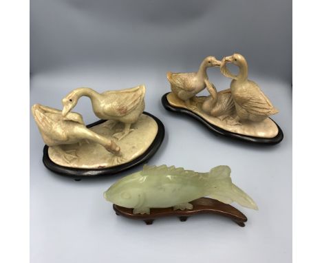 Chinese C20th jade carving of a fish, 14cm Long, &amp; a soap stone carving of 2 geese on stand, &amp; a soap stone carving o