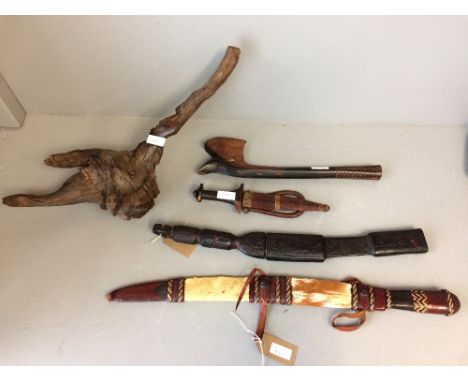 African root carving, ceremonial hardwood axe, 3 leather sheaved North African knives 