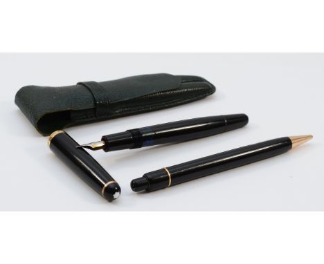 Montblanc '342' fountain pen, piston filled, and a Montblanc Pix mechanical pencil, housed in dark green two-slot pouch.