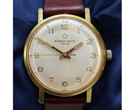 Eterna Matic 1000, a gold plated gentleman's wristwatch, silvered dial with Arabic numerals, case number 5634326, 32mm.Workin
