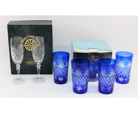Galway Irish Crystal; a pair of crystal cut sparkling wine glasses, H-21cm, together with a set of four Danube Crystal cobalt