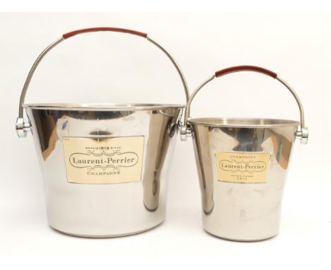 Laurent -Perrier, a stainless steel ice bucket with grate and leather clad swing handle, together with a matching champagne b