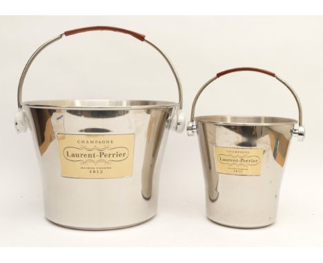 Laurent -Perrier, a stainless steel ice bucket with grate and leather clad swing handle, together with a matching champagne b