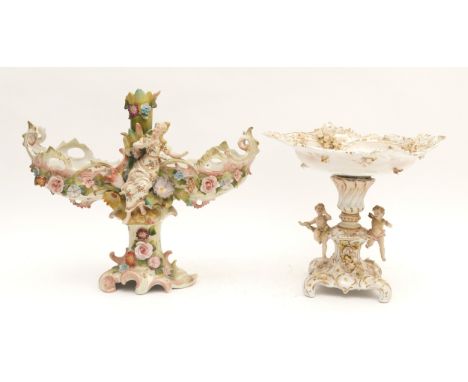 A Sitzendorf porcelain centrepieces, with a basket top featuring painted and applied florals, mark to the base, H-24cn, anoth