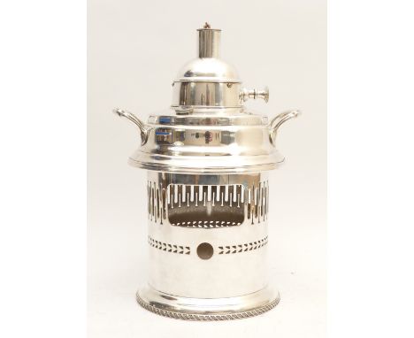 An early 20th century EPNS table spirit burner, by Gladwin Ltd, Sheffield, with pull off sleeve and grate, ht 22cm