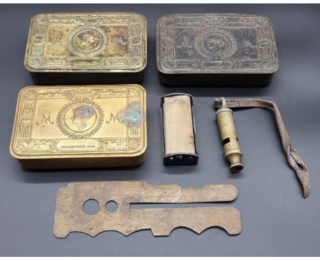 Three WWI Christmas 1914 brass tins, one inscribed to interior of lid 'R/30955, L Robinson, Army Service Corps'; together wit