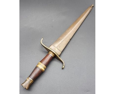 An unusual stiletto dagger and sheath, with 15.5cm blade, brass guard and horn decorated handle, overall length 25cm.