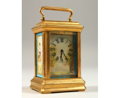 A MINIATURE SEVRES STYLE CARRIAGE CLOCK. 8cms high.