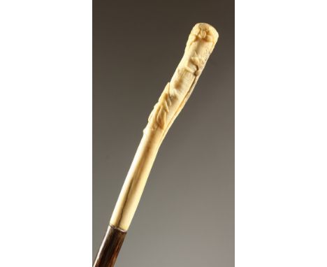 A GOOD EUROPEAN CARVED IVORY WALING STICK with Chinese carved scene. 3ft 1in long.