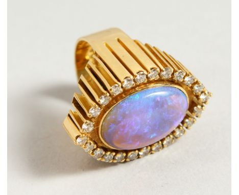 A VERY GOOD 18CT GOLD, OPAL AND DIAMOND RING. Maker R. H.