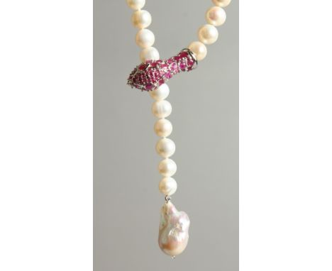 A SILVER RUBY SET SNAKE PEARL NECKLACE.