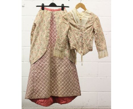 VICTORIAN BUSTLE SKIRT, pink silk underskirt with cotton ruched panels over the top; along with matching waisted boned jacket