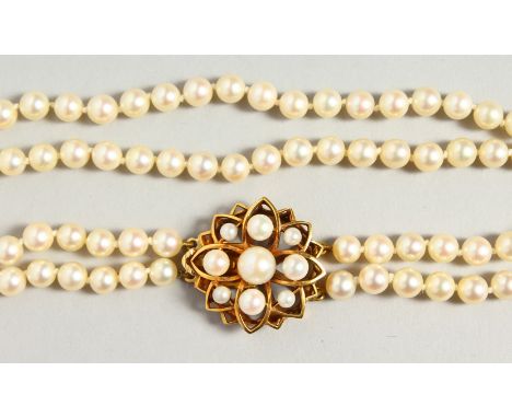 A VERY GOOD DOUBLE ROW PEARL CHOKER with 9ct gold and pearl clasp.