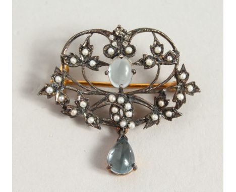 A 9CT GOLD, DIAMOND, PEARL AND BLUE TOPAZ BROOCH.