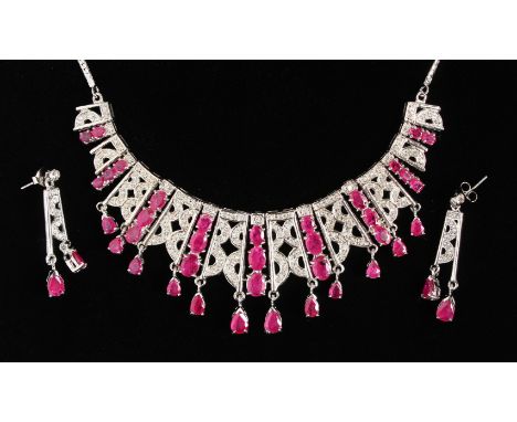 A SILVER .925 DIAMOND AND RUBY PASTE NECKLACE AND EARRINGS.