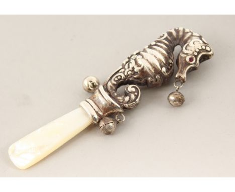 A SILVER AND MOTHER-OF-PEARL SEAHORSE BABIES RATTLE.