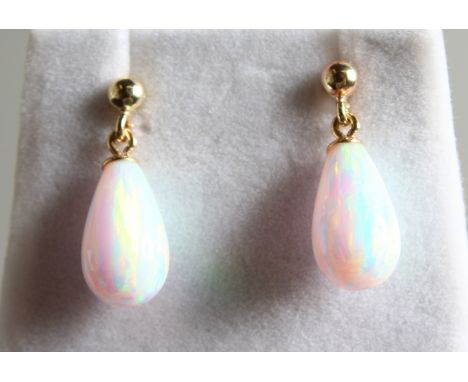 A PAIR OF 9CT GOLD OPAL DROP EARRINGS.