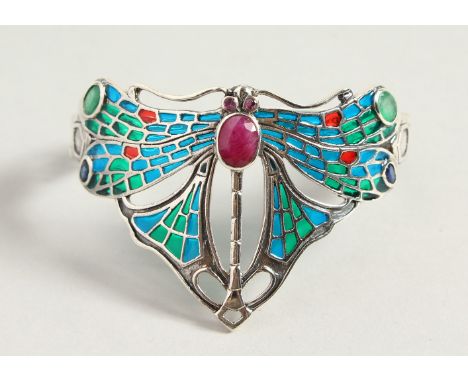 A SILVER, RUBY, EMERALD AND SAPPHIRE DRAGONFLY BROOCH.