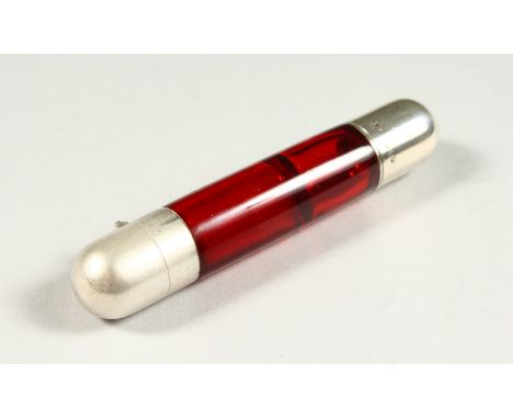 A PLAIN VICTORIAN RUBY GLASS DOUBLE ENDED SCENT BOTTLE. London 1880. Maker SAMPSON MORDAN. 8.5cms long.