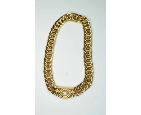   Imposanter Goldcollier  14 K Gelbgold. Collier mit feinen in sich verschlungenen Gliedern. Zentraler Diamant von ca. 1,20 c