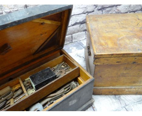 TWO 20TH CENTURY TOOL CHESTS, hinged lids and carry handles, one containg an assortment of woodworking tools (2)