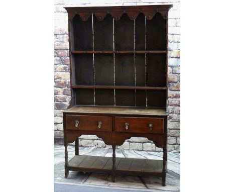 18TH CENTURY OAK DRESSER, boarded delft rack above potboard base, fitted two frieze drawers, 135 x 47 x 211cms Condition Repo