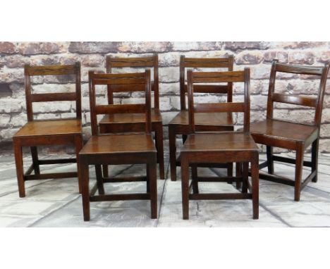 SIX 19TH CENTURY COUNTRY OAK DINING CHAIRS, with caddy moulded uprights and bar backs, sold seats and tapering square legs ti