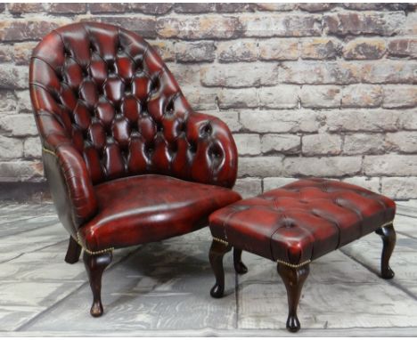 VICTORIAN-STYLE LEATHER SPOON BACK LIBRARY CHAIR &amp; STOOL, red button upholstered and close nailed, serpentine seat, cabri