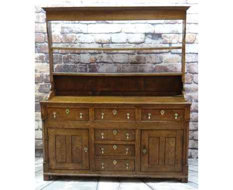 18TH CENTURY NORTH WALES OAK DRESSER, open delft rack above base fitted with six drawers and two cupboards, quarter column pi