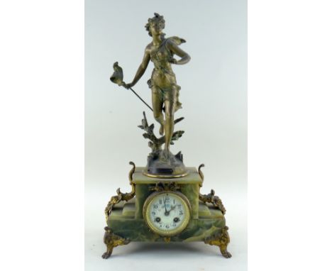 LATE 19TH CENTURY FRENCH GILT METAL &amp; ONYX MANTEL CLOCK, floral painted porcelain dial in stepped case with rococo scroll