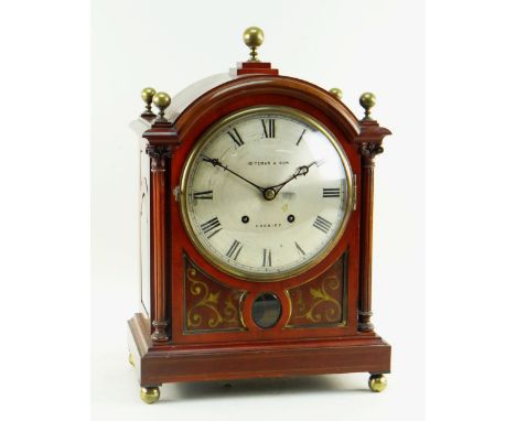 19TH CENTURY MAHOGANY BRACKET CLOCK, arched top with ball finials, 8-inch silvered dial signed Heitzman &amp; Son, Cardiff, b