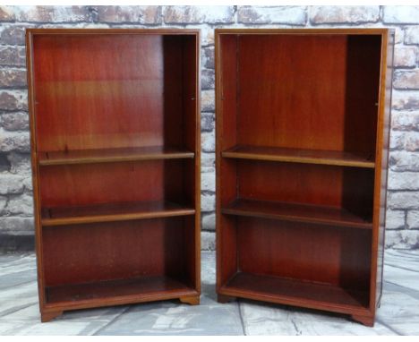 PAIR OF CHINESE HARDWOOD SMALL BOOKCASES, adjustable shelves, bracket feet, 76 x 27 x 132cms (2)