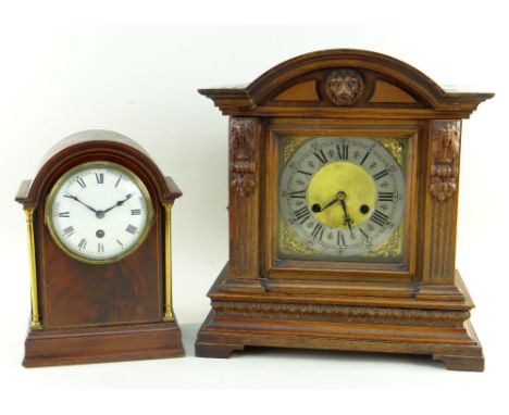 TWO 20TH CENTURY CLOCKS, comprising Edwardian mahogany arched timepiece, white enamel dial, brass pilasters, back plate signe