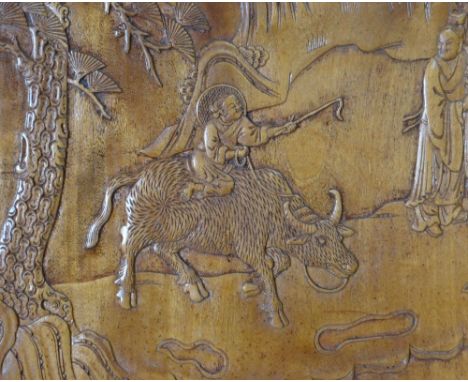 PAIR CHINESE SOFTWOOD CARVED CUPBOARD DOORS, each panel depicting figures in landscapes, pavilions, river boats, gardens etc.