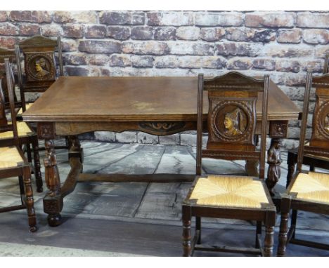 BRETON CARVED OAK &amp; PARQUE DRAW LEAF DINING TABLE SUITE, floral carved blocks and caryatid figure column legs, bun feet, 