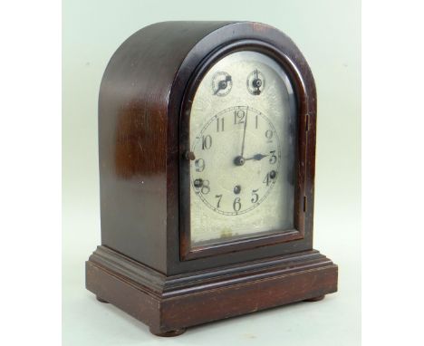 EARLY 20TH CENTURY GERMAN MANTEL CLOCK, floral engraved silvered 1/4 chime dial, with slow / fast and strike / silent dials t