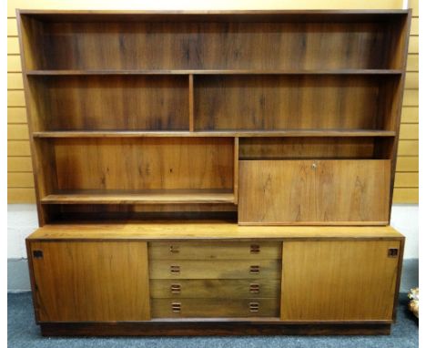 MID-CENTURY BERNHARD PEDERSEN-STYLE DANISH ROSEWOOD 2-PART SIDEBOARD, the upper section with sliding glass doors and drop fla