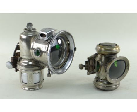 TWO VINTAGE LUCAS ACETYLENE BICYCLE LAMPS, comprising a 'Calcia Major', 18cm high and a 'Captian', No. 3210, 12cms high (2)