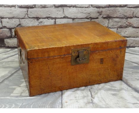 CHINESE STAINED PIGSKIN TRUNK, metal clasp lock and side handles, front panel with Chinese stamp, 84 x 63 x 40cms Condition R